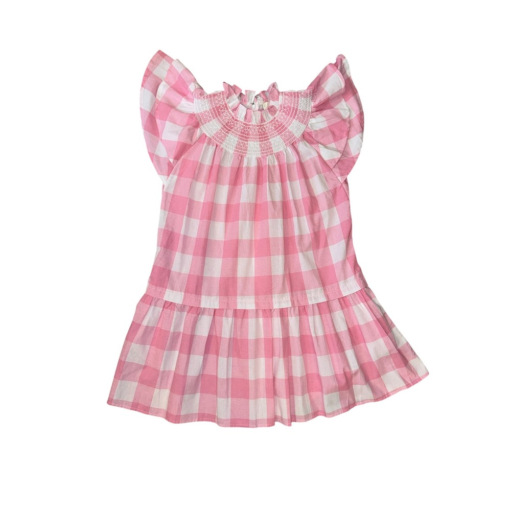 PINCH‎ Gingham Smocked Mini Dress Womens Large Pink White Flutter Sleeve